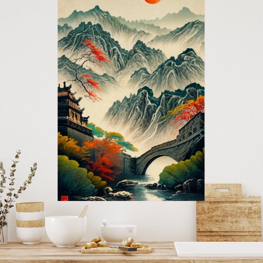 China grote muur inkt tekening poster (Keuken)