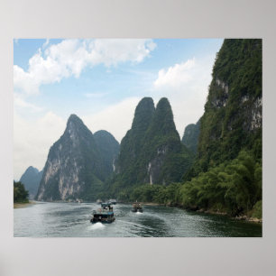 China, Guilin, Li-rivier, Rivierboten liggen langs Poster
