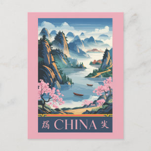 China Illustratie Roze Reis Kunst Vintage Briefkaart