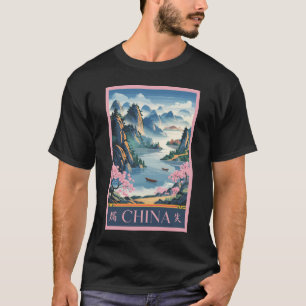 China Illustratie Roze Reis Kunst Vintage T-shirt