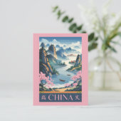 China Illustration Pink Travel Art Vintage Briefkaart (Staand voorkant)