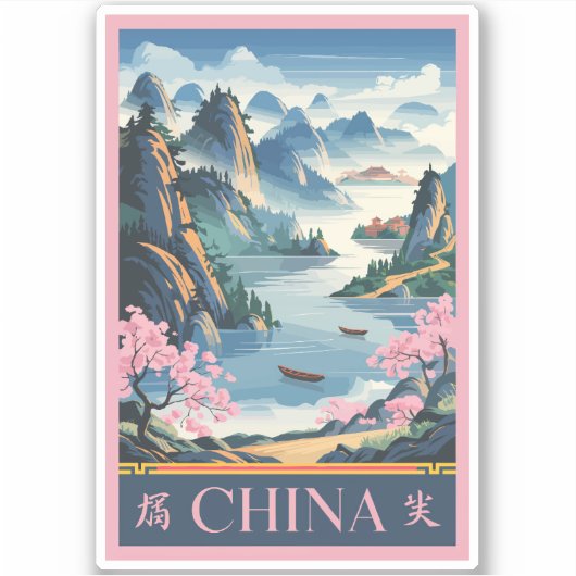 China Illustration Pink Travel Art Vintage Sticker (Voorkant)