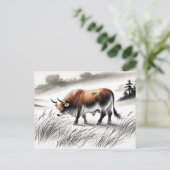 China inkt zodiak Sterke os Grazen op de wei Feestdagenkaart (Staand voorkant)