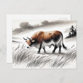 China inkt zodiak Sterke os Grazen op de wei Feestdagenkaart (Voorkant / Achterkant)
