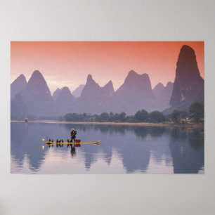 China, Li River. Eénmalige aalscholvervisser. Poster