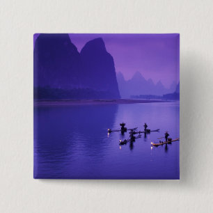China, Li-rivier. Aalscholver-vissers. Vierkante Button 5,1 Cm