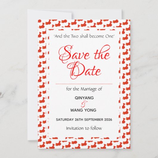 CHINA Patriottische traditionele trouwdag  婚礼 Save The Date (Voorkant)