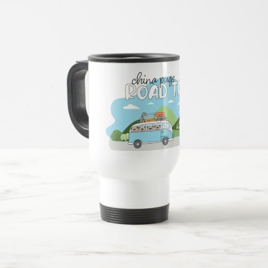 China Pugs Road Trip Travel Mug Reisbeker (Voorkant links)