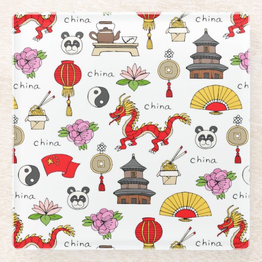 China Symbols Patroon Glazen Onderzetter (Voorkant)