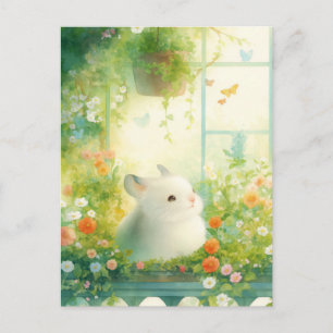 Chinchilla gluurt vanuit balkonbloementuin briefkaart