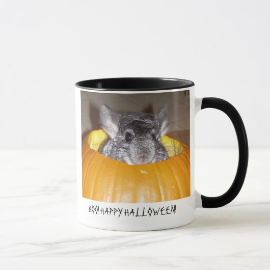 Chinchilla in pompoen, BOO. HALLOWEEN. Mok (Rechts)