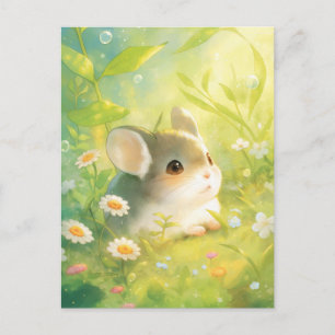 Chinchilla zittend in groene weide met wilde bloem briefkaart