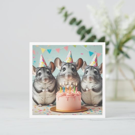 chinchilla's eten taart verjaardag uitnodiging (Staand voorkant)