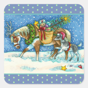 CHINCOTEAGUE CHRISTMAS PONIES, SLEIGH BELLS EN TOY VIERKANTE STICKER