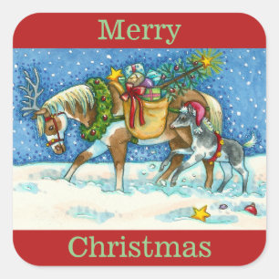 CHINCOTEAGUE PONIES & HOLIDAY WISHES, CHRISTMAS VIERKANTE STICKER