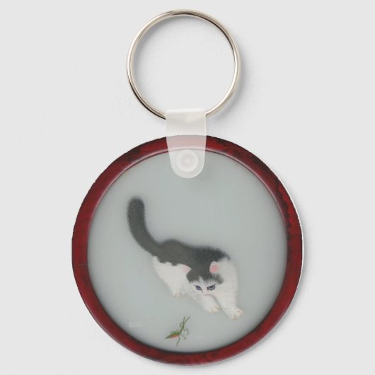 Chinees Afbeelding van kat van zijde Sleutelhanger (Voorkant)