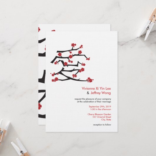 Chinees Ai Love Cherry Blossom Red Sakura Weddensc Kaart (Voorkant / Achterkant in situ)