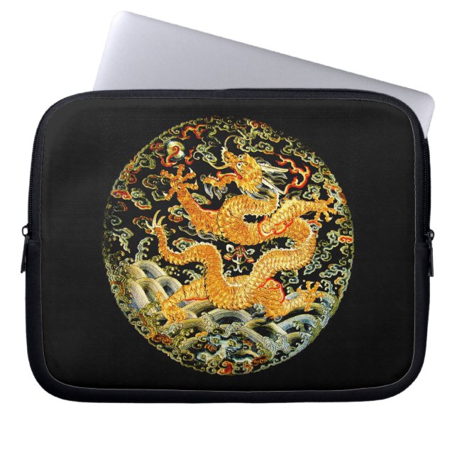 Chinees antiek geborduurde gouden draak laptop sleeve (Voorkant)