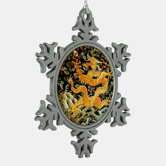 Chinees antiek geborduurde gouden draak tin sneeuwvlok ornament (Links)
