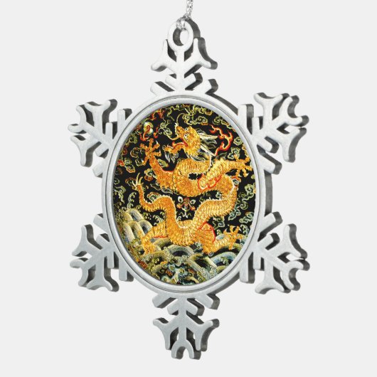 Chinees antiek geborduurde gouden draak tin sneeuwvlok ornament (Rechts)