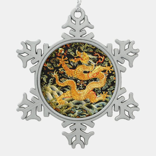 Chinees antiek geborduurde gouden draak tin sneeuwvlok ornament (Voorkant)