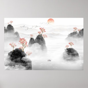 Chinees artistieke conceptie inktschilderend lands poster