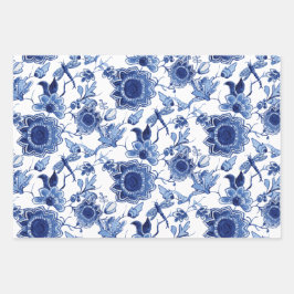 Chinees  Blauw en Witte Chinoiserie Floral Inpakpapier Vel