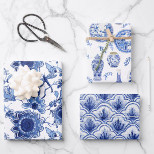 Chinees  Blauw en Witte Chinoiserie Floral Inpakpapier Vel
