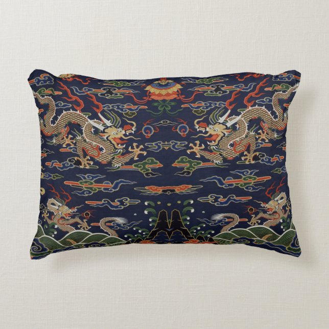 Chinees Blauw Kesi Dragon Tapestry Accent Kussen (Voorkant)