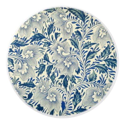 Chinees blauw lef ~ White Flowers~ * ~ Keramische Knop (Voorkant)
