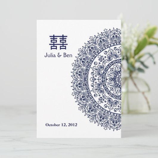 Chinees Blauw Witte Porselein Dubbel Geluk Kaart (Staand voorkant)