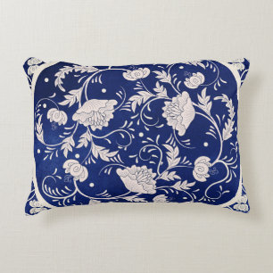 Chinees Bloemen Ronde: Blauw Waterverf Accent Kussen
