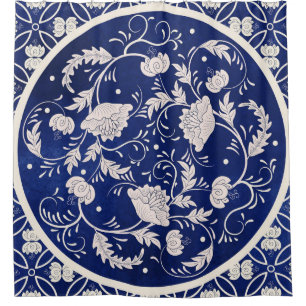 Chinees Bloemen Ronde: Blauw Waterverf Douchegordijn