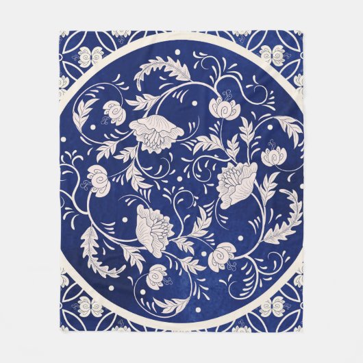 Chinees Bloemen Ronde: Blauw Waterverf  Fleece Deken (Voorkant)