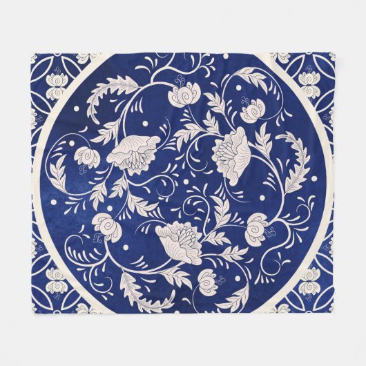 Chinees Bloemen Ronde: Blauw Waterverf  Fleece Deken (Voorkant (Horizontaal))