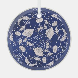 Chinees Bloemen Ronde: Blauw Waterverf  Glas Ornament