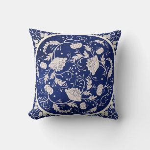 Chinees Bloemen Ronde: Blauw Waterverf Kussen
