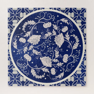 Chinees Bloemen Ronde: Blauw Waterverf  Legpuzzel