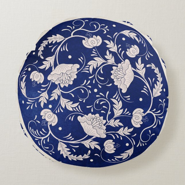 Chinees Bloemen Ronde: Blauw Waterverf  Rond Kussen (Voorkant)