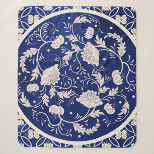 Chinees Bloemen Ronde: Blauw Waterverf Sherpa Deken