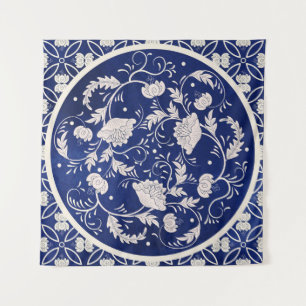 Chinees Bloemen Ronde: Blauw Waterverf Wandkleed