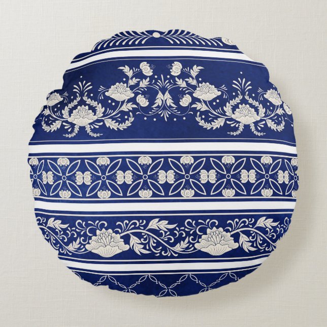 Chinees Bloemenblauw:  Waterverf grenzen Rond Kussen (Voorkant)