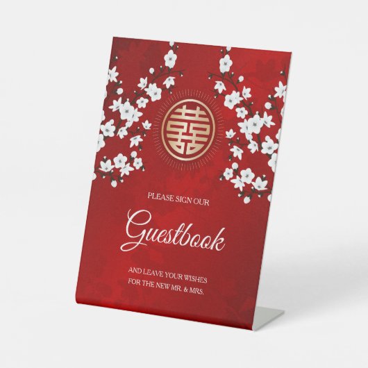 Chinees bruiloft Cherry Blossom Guestbook Reclamebord Met Voetstuk (Voorkant)