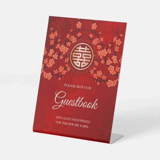 Chinees bruiloft Cherry Blossom Guestbook Reclamebord Met Voetstuk (Voorkant)