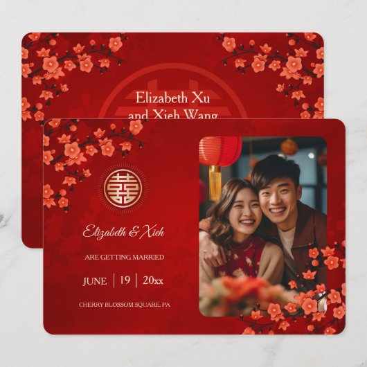 Chinees bruiloft dubbel geluk Cherry Blossom Save The Date (Voorkant / Achterkant)