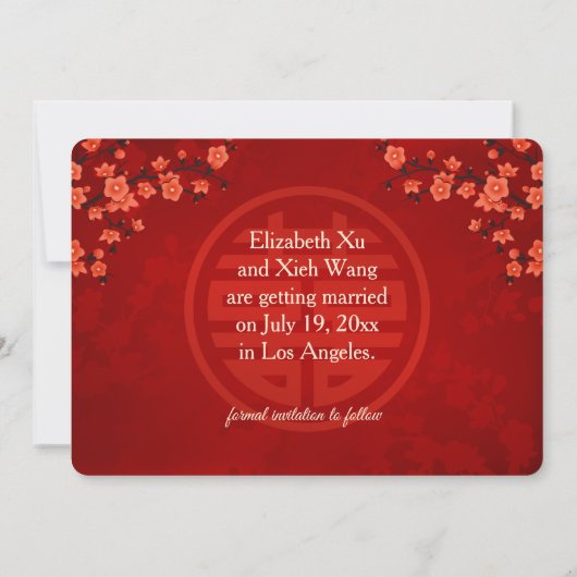 Chinees bruiloft dubbel geluk Cherry Blossom Save The Date (Achterkant)