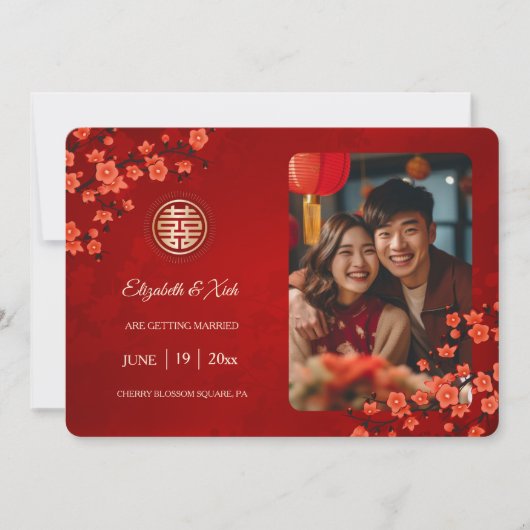Chinees bruiloft dubbel geluk Cherry Blossom Save The Date (Voorkant)