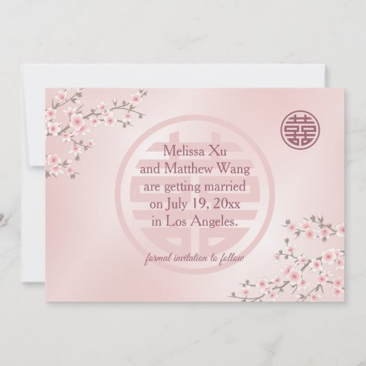 Chinees bruiloft dubbel geluk Cherry Blossom Save The Date (Achterkant)