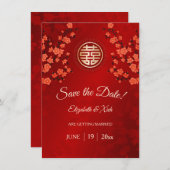 Chinees bruiloft dubbel geluk Cherry Blossom Save The Date (Voorkant / Achterkant)