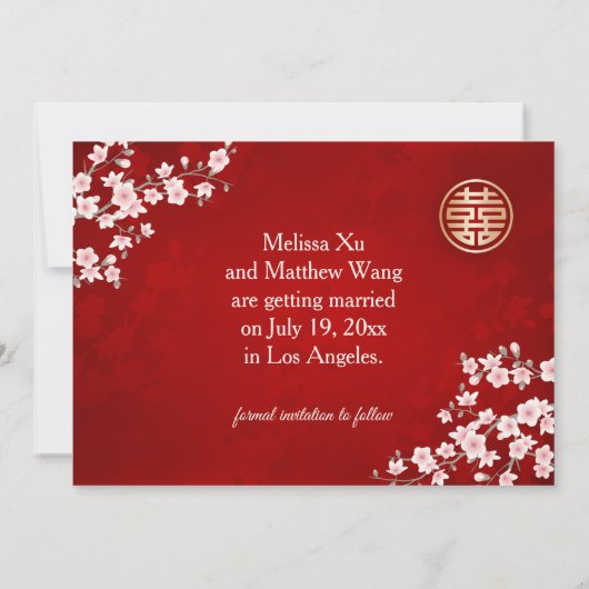 Chinees bruiloft dubbel geluk Cherry Blossom Save The Date (Achterkant)